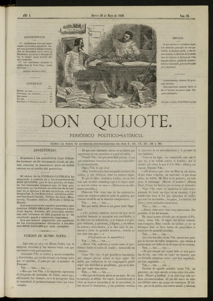 Miniatura de Don Quijote : periódico político satírico del 20 de mayo de 1869, nº 28