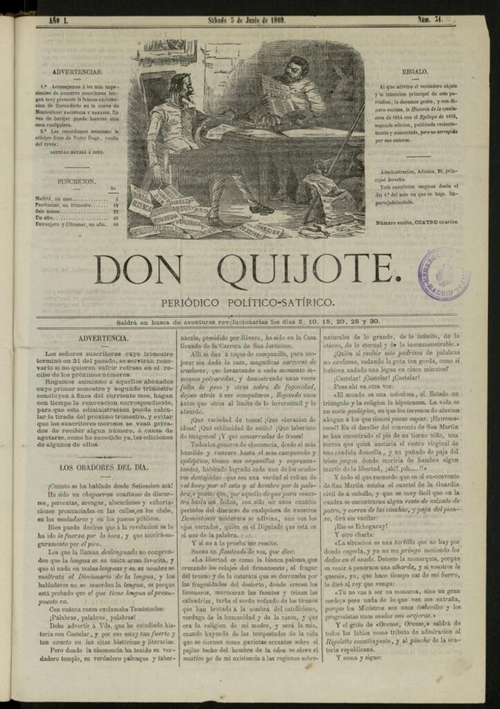Miniatura de Don Quijote : periódico político satírico del 5 de junio de 1869, nº 31