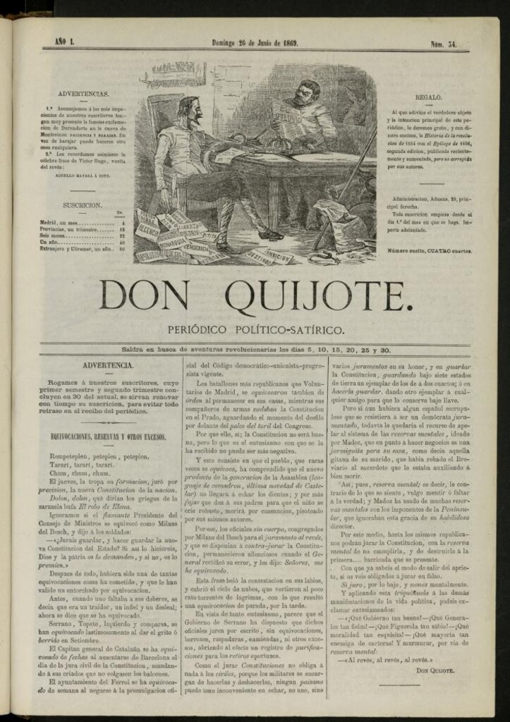 Miniatura de Don Quijote : periódico político satírico del 20 de junio de 1869, nº 34