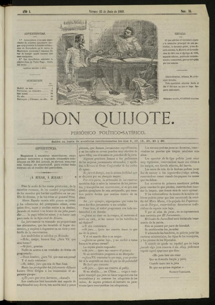 Miniatura de Don Quijote : periódico político satírico del 25 de junio de 1869, nº 35