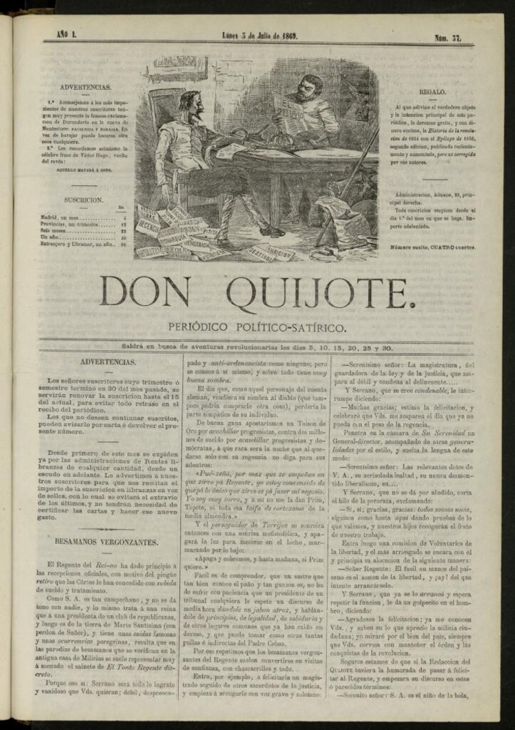 Miniatura de Don Quijote : periódico político satírico del 5 de julio de 1869, nº 37