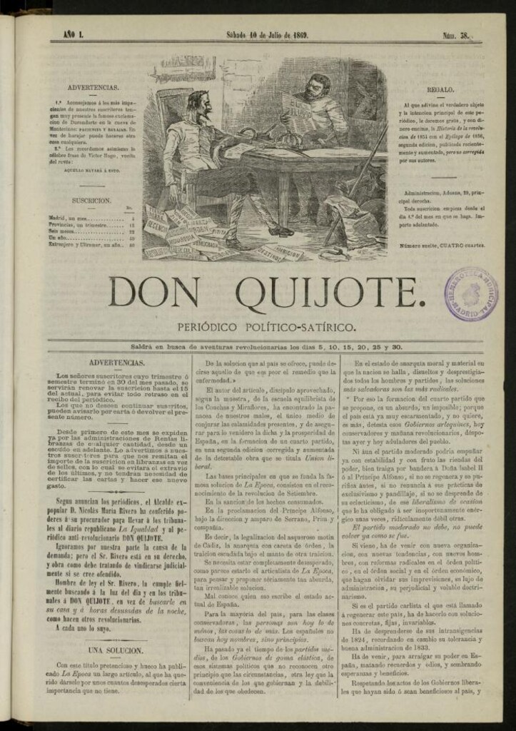Miniatura de Don Quijote : periódico político satírico del 10 de julio de 1869, nº 38