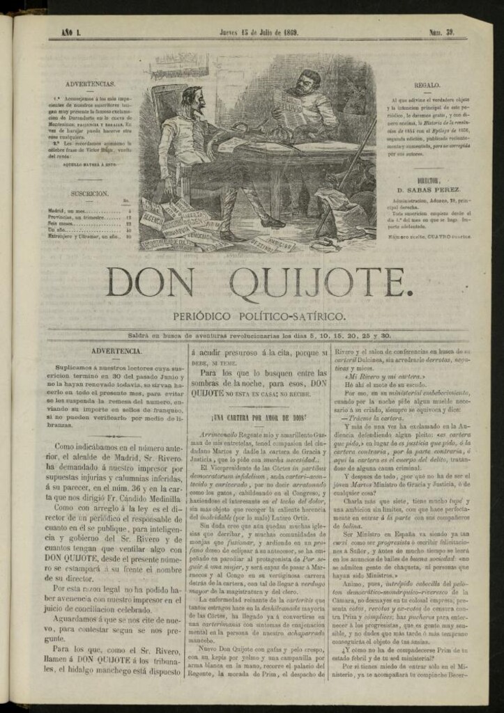 Miniatura de Don Quijote : periódico político satírico del 15 de julio de 1869, nº 39