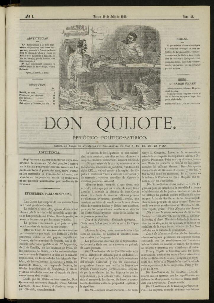 Miniatura de Don Quijote : periódico político satírico del 20 de julio de 1869, nº 40
