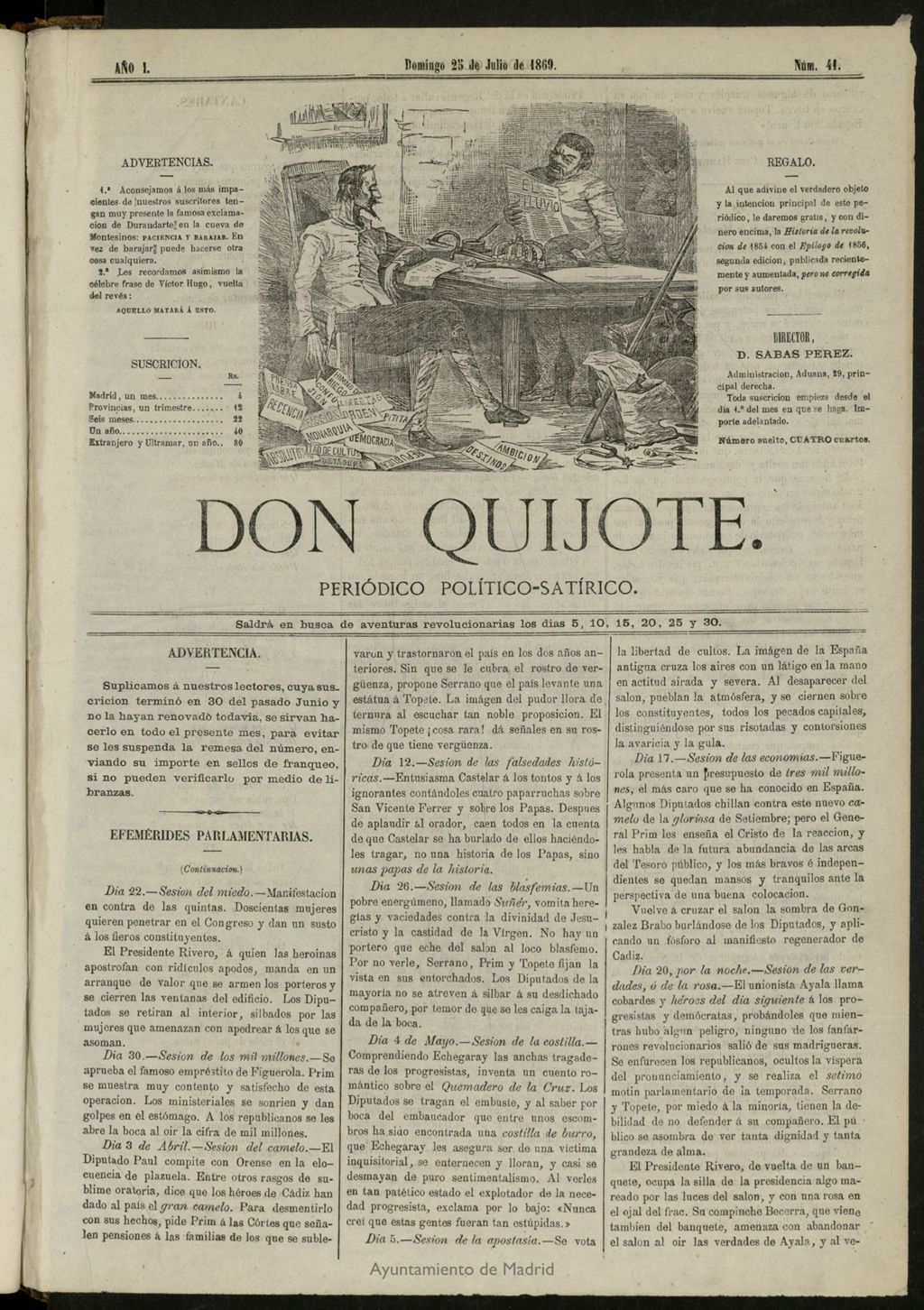 Miniatura de Don Quijote : periódico político satírico del 25 de julio de 1869, nº 41