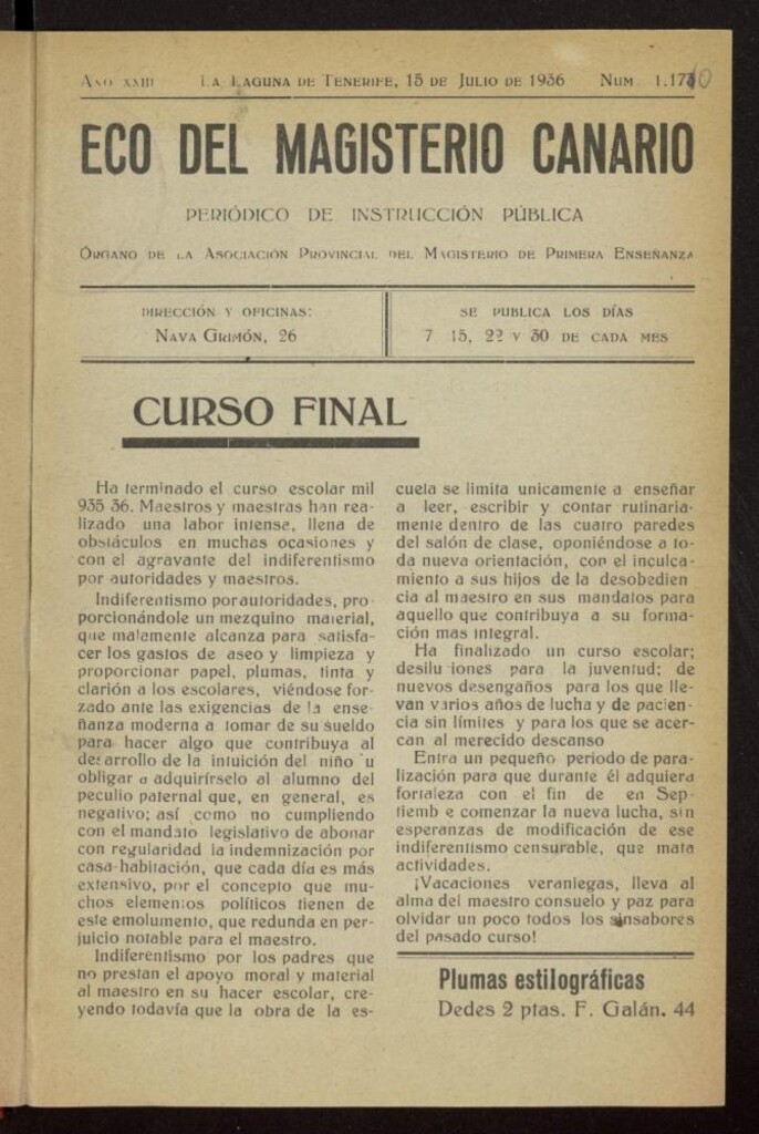 Miniatura de Eco del Magisterio Canario: periódico de instrucción pública del 15 de julio de 1936, nº 1173 [sic]