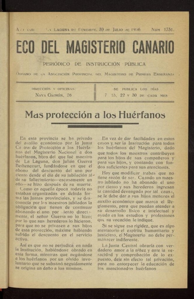 Miniatura de Eco del Magisterio Canario: periódico de instrucción pública del 30 de julio de 1936, nº 1731
