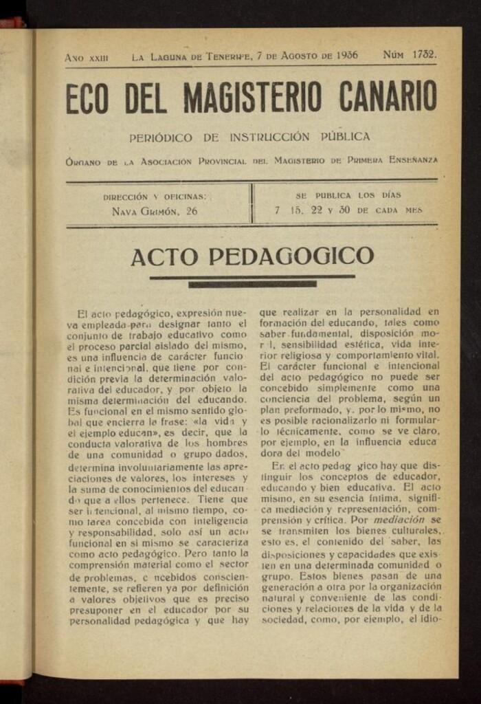 Miniatura de Eco del Magisterio Canario: periódico de instrucción pública del 7 de agosto de 1936, nº 1732