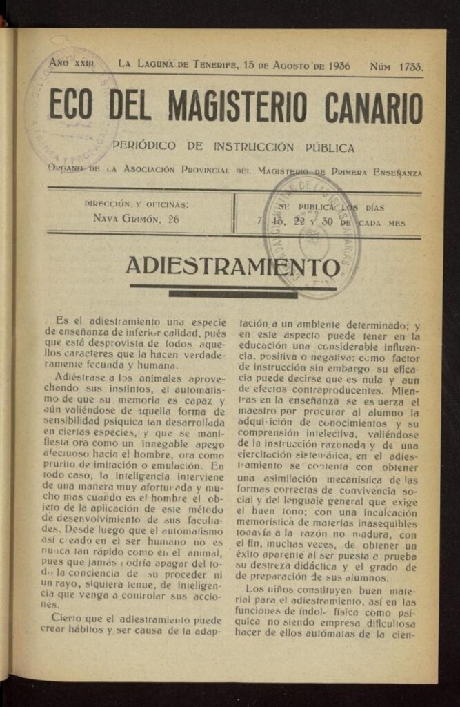 Miniatura de Eco del Magisterio Canario: periódico de instrucción pública del 15 de agosto de 1936, nº 1733