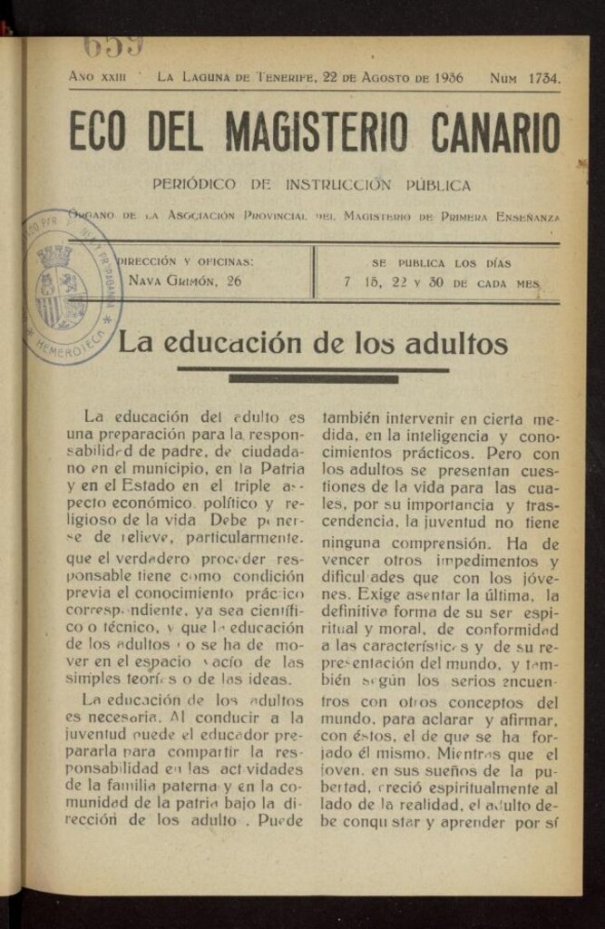 Miniatura de Eco del Magisterio Canario: periódico de instrucción pública del 22 de agosto de 1936, nº 1734