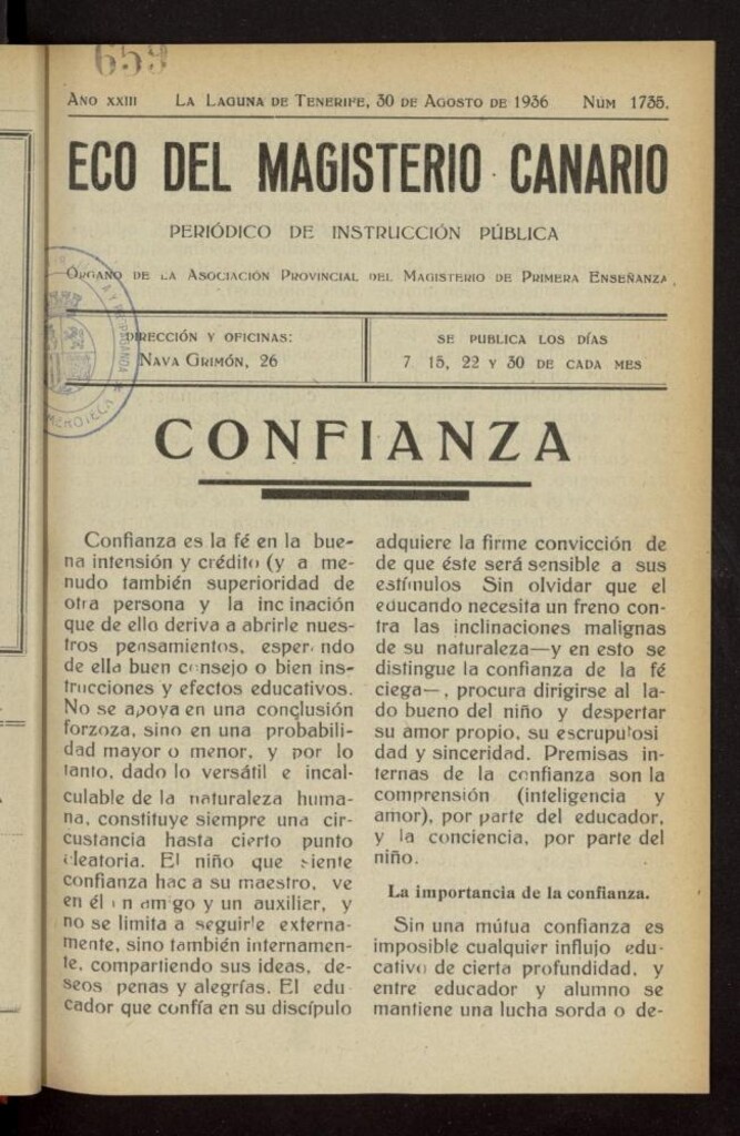 Miniatura de Eco del Magisterio Canario: periódico de instrucción pública del 30 de agosto de 1936, nº 1735