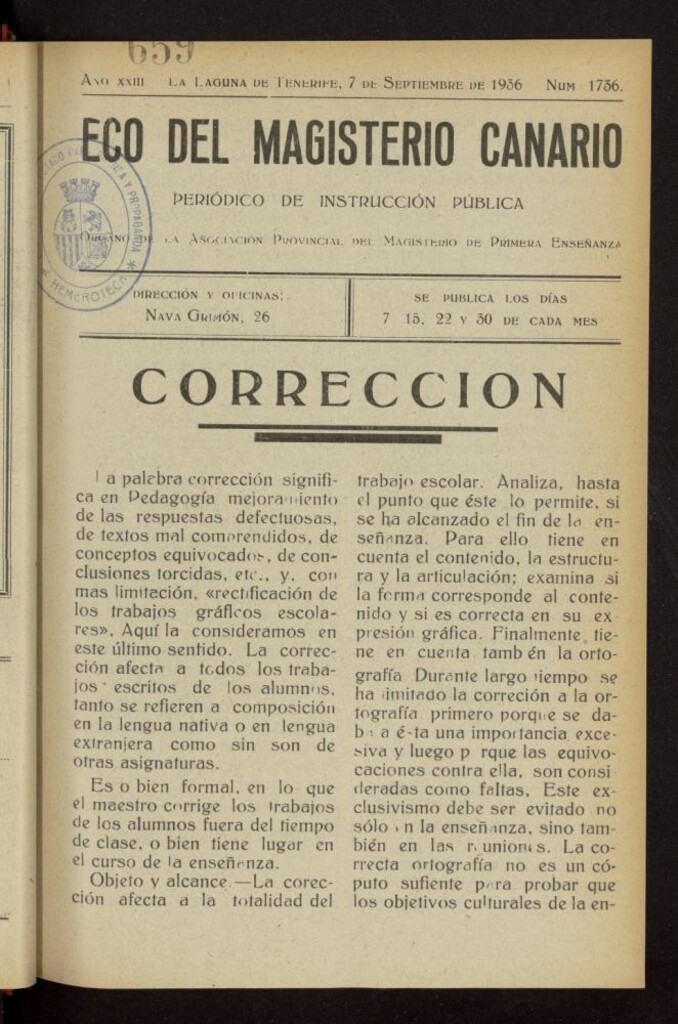 Miniatura de Eco del Magisterio Canario: periódico de instrucción pública del 7 de septiembre de 1936, nº 1736