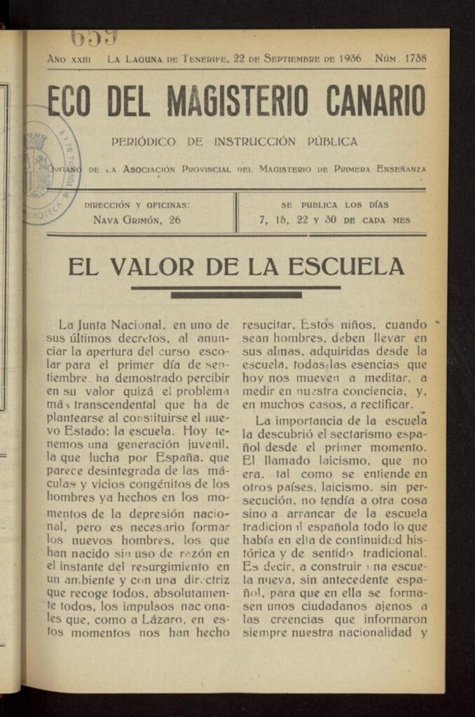 Miniatura de Eco del Magisterio Canario: periódico de instrucción pública del 22 de septiembre de 1936, nº 1738