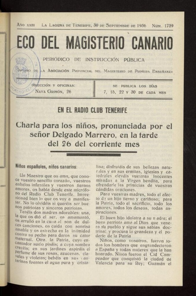 Miniatura de Eco del Magisterio Canario: periódico de instrucción pública del 30 de septiembre de 1936, nº 1739