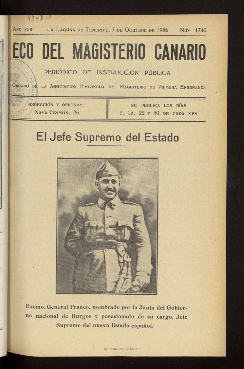 Miniatura de Eco del Magisterio Canario: periódico de instrucción pública del 7 de octubre de 1936, nº 1740