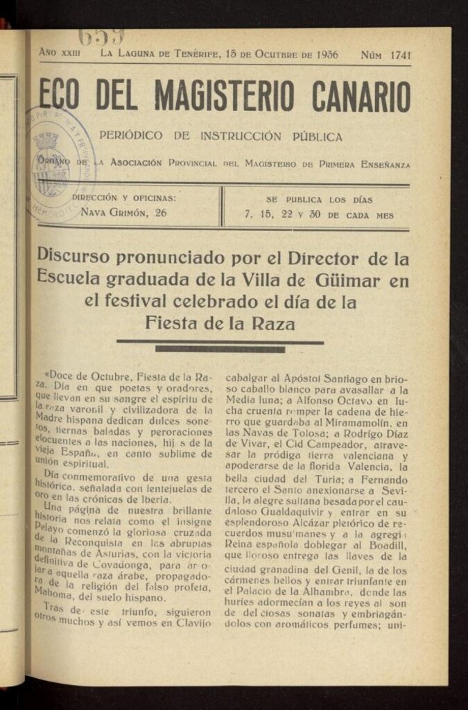 Miniatura de Eco del Magisterio Canario: periódico de instrucción pública del 15 de octubre de 1936, nº 1741