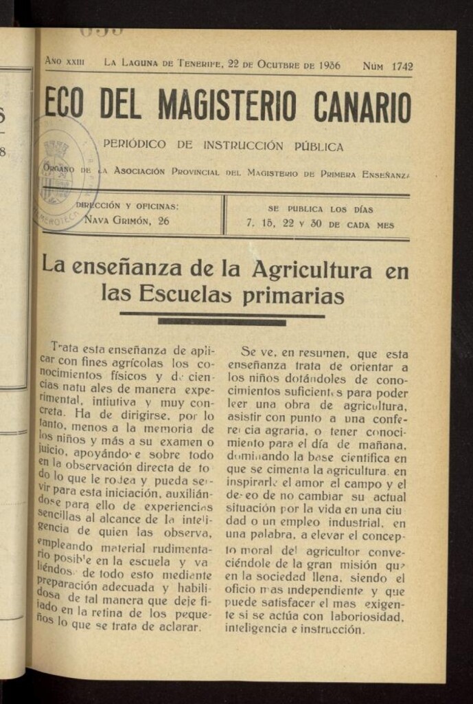 Miniatura de Eco del Magisterio Canario: periódico de instrucción pública del 22 de octubre de 1936, nº 1742
