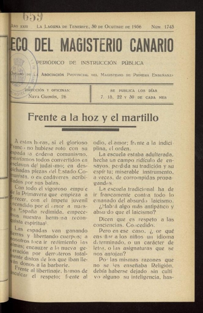 Miniatura de Eco del Magisterio Canario: periódico de instrucción pública del 30 de octubre de 1936, nº 1743