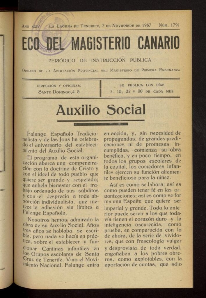 Miniatura de Eco del Magisterio Canario: periódico de instrucción pública del 7 de noviembre de 1936, nº 1791
