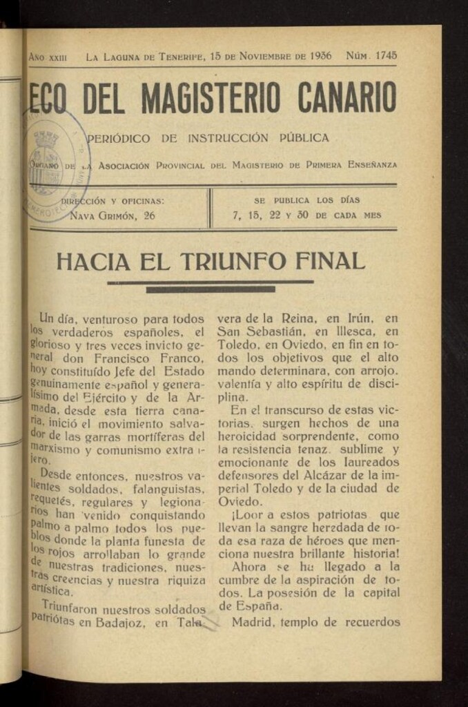 Miniatura de Eco del Magisterio Canario: periódico de instrucción pública del 15 de noviembre de 1936, nº 1745