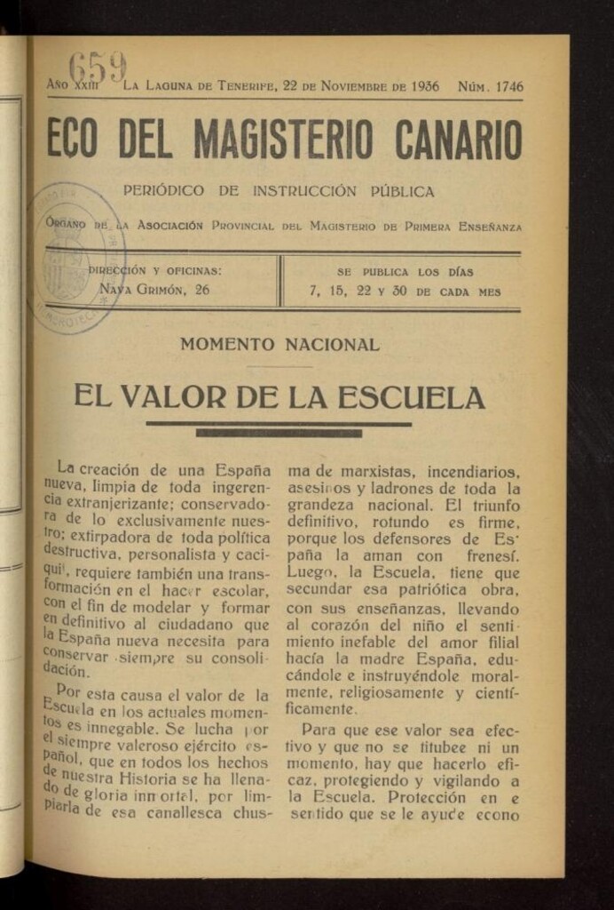 Miniatura de Eco del Magisterio Canario: periódico de instrucción pública del 22 de noviembre de 1936, nº 1746