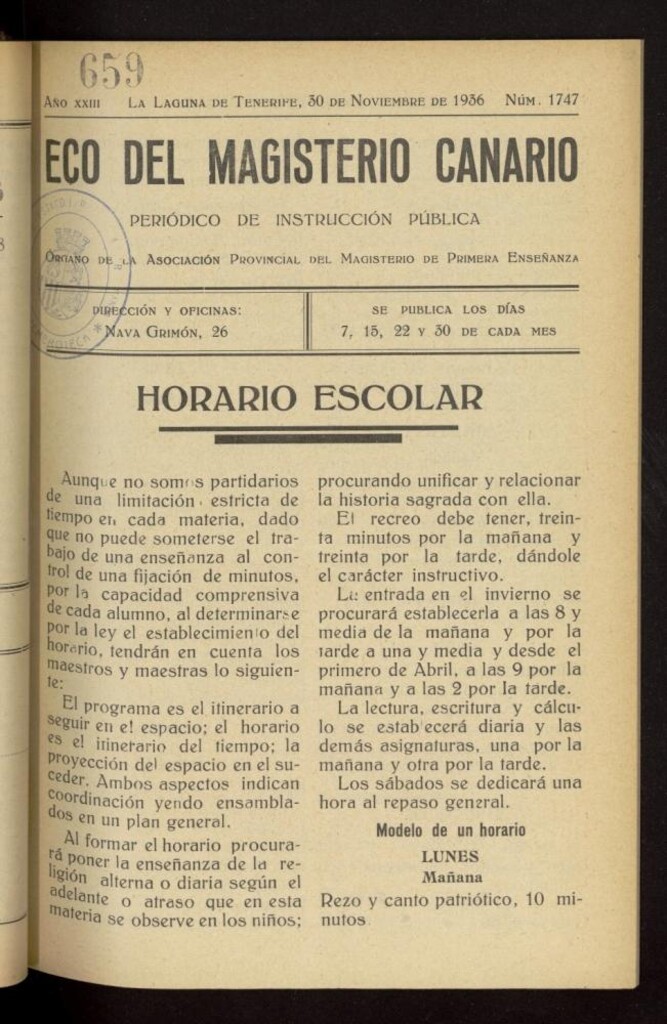 Miniatura de Eco del Magisterio Canario: periódico de instrucción pública del 30 de noviembre de 1936, nº 1747