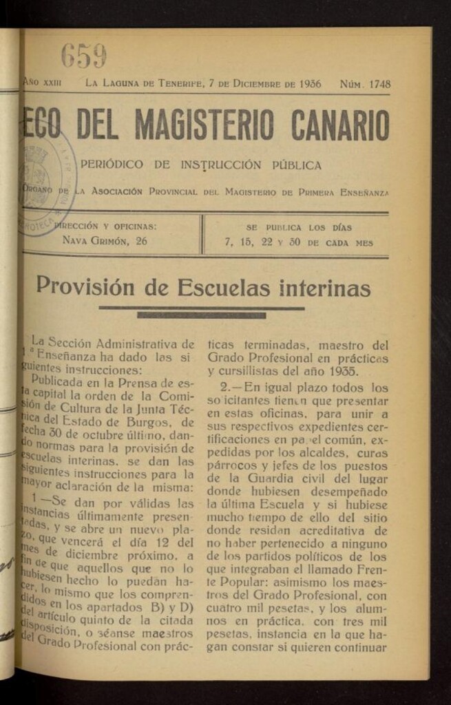 Miniatura de Eco del Magisterio Canario: periódico de instrucción pública del 7 de diciembre de 1936, nº 1748