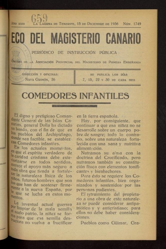 Miniatura de Eco del Magisterio Canario: periódico de instrucción pública del 15 de diciembre de 1936, nº 1749