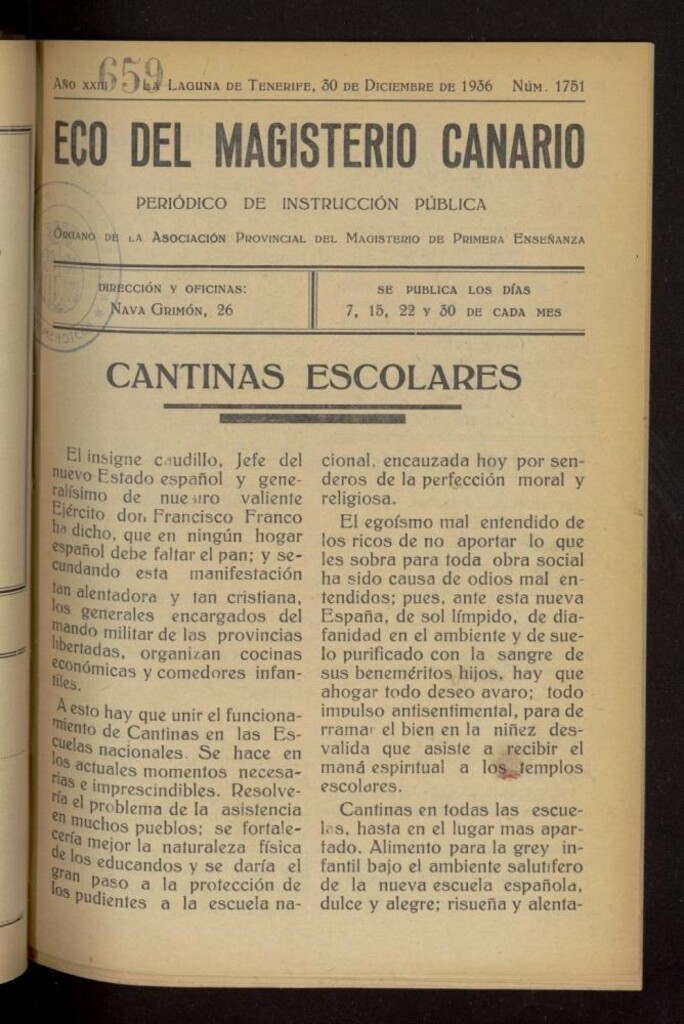 Miniatura de Eco del Magisterio Canario: periódico de instrucción pública del 30 de diciembre de 1936, nº 1751