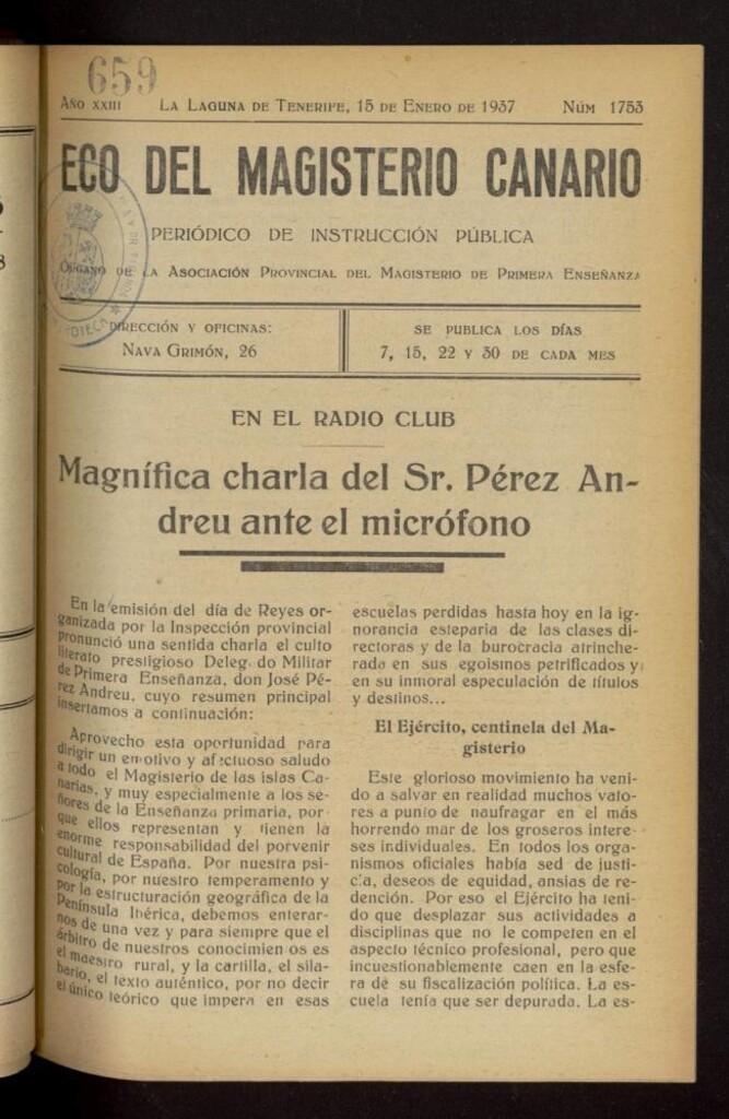 Miniatura de Eco del Magisterio Canario: periódico de instrucción pública del 15 de enero de 1937, nº 1753