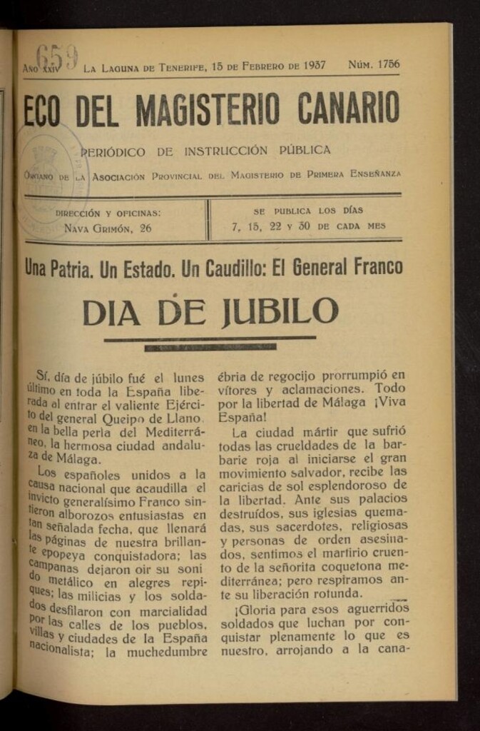 Miniatura de Eco del Magisterio Canario: periódico de instrucción pública del 15 de febrero de 1937, nº 1756
