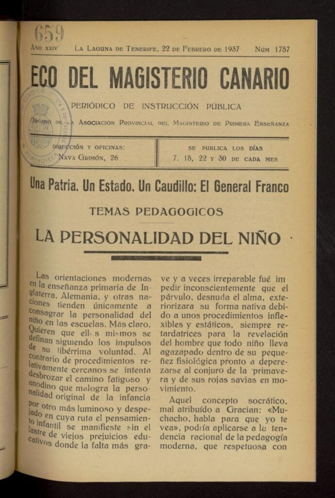 Miniatura de Eco del Magisterio Canario: periódico de instrucción pública del 22 de febrero de 1937, nº 1757
