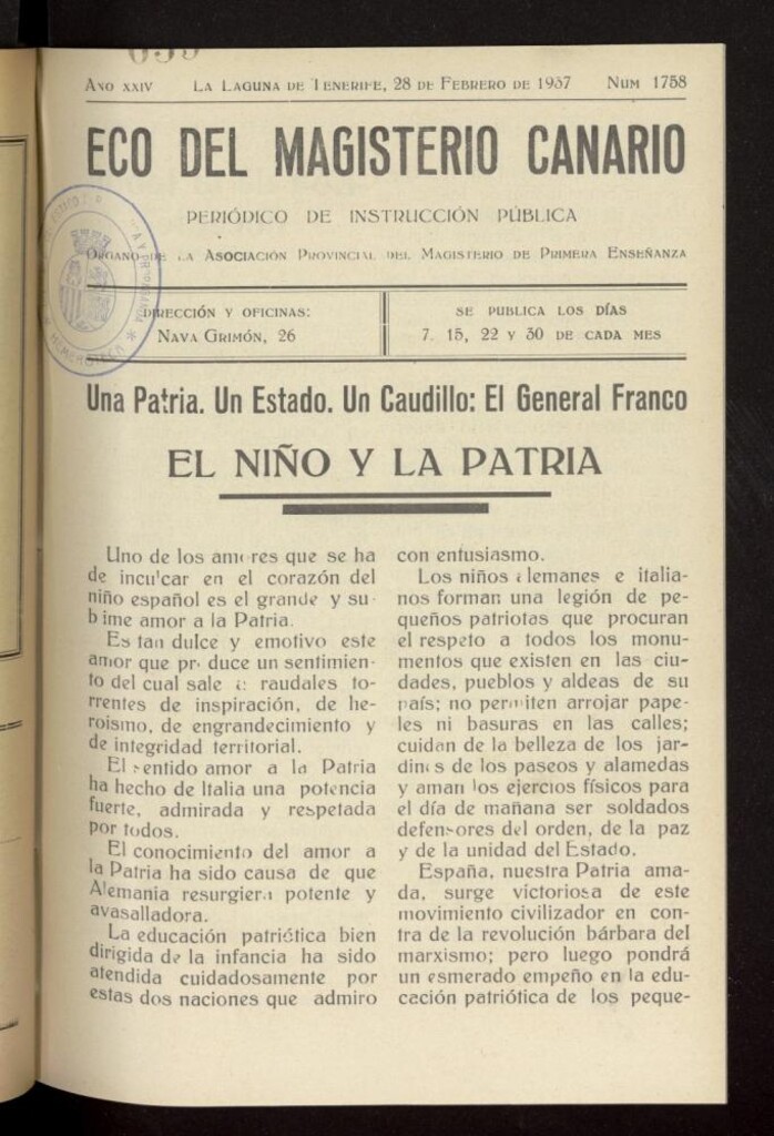 Miniatura de Eco del Magisterio Canario: periódico de instrucción pública del 28 de febrero de 1937, nº 1758