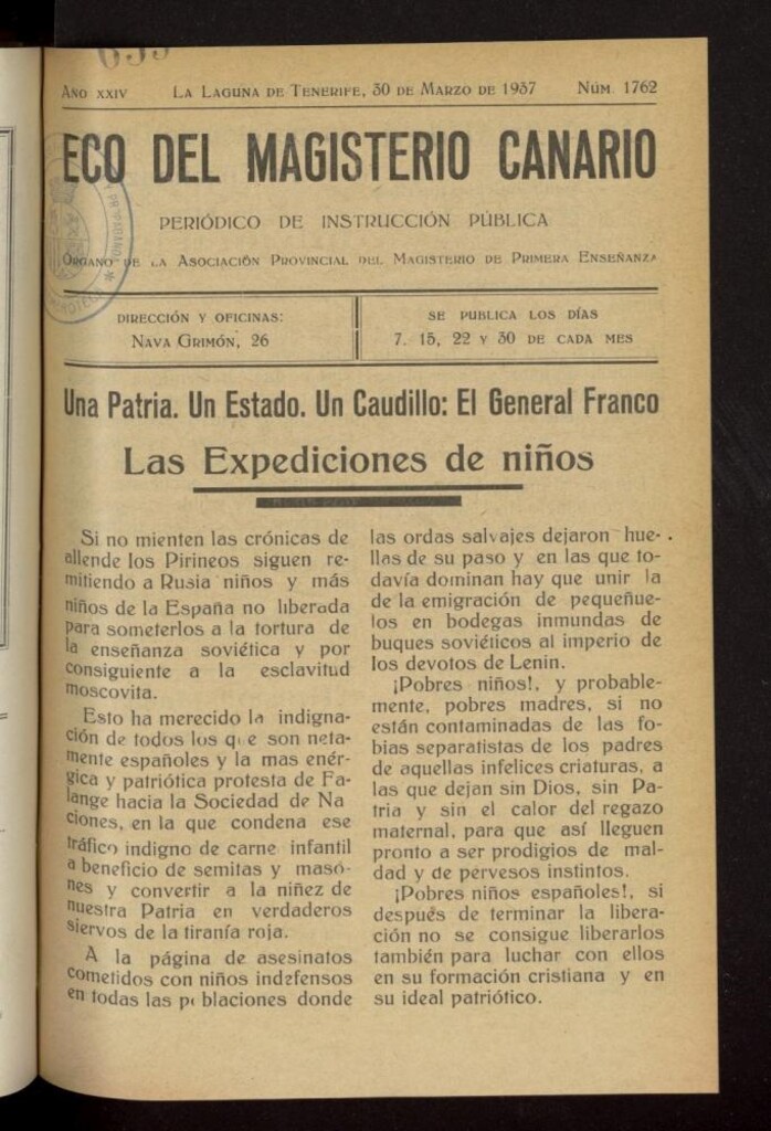 Miniatura de Eco del Magisterio Canario: periódico de instrucción pública del 30 de marzo de 1937, nº 1762