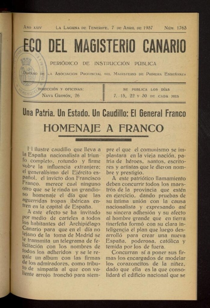 Miniatura de Eco del Magisterio Canario: periódico de instrucción pública del 7 de abril de 1937, nº 1763