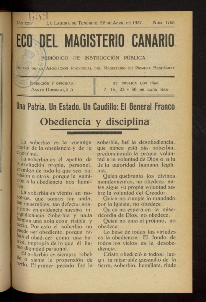 Miniatura de Eco del Magisterio Canario: periódico de instrucción pública del 22 de abril de 1937, nº 1765