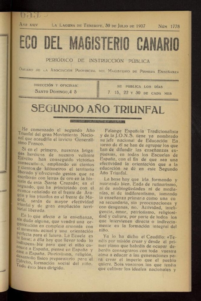 Miniatura de Eco del Magisterio Canario: periódico de instrucción pública del 30 de julio de 1937, nº 1778