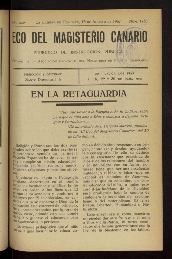 Miniatura de Eco del Magisterio Canario: periódico de instrucción pública del 15 de agosto de 1937, nº 1780