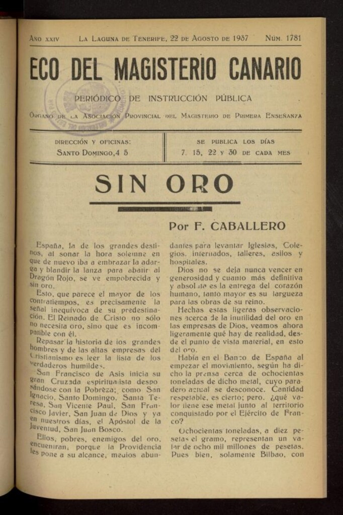 Miniatura de Eco del Magisterio Canario: periódico de instrucción pública del 22 de agosto de 1937, nº 1781