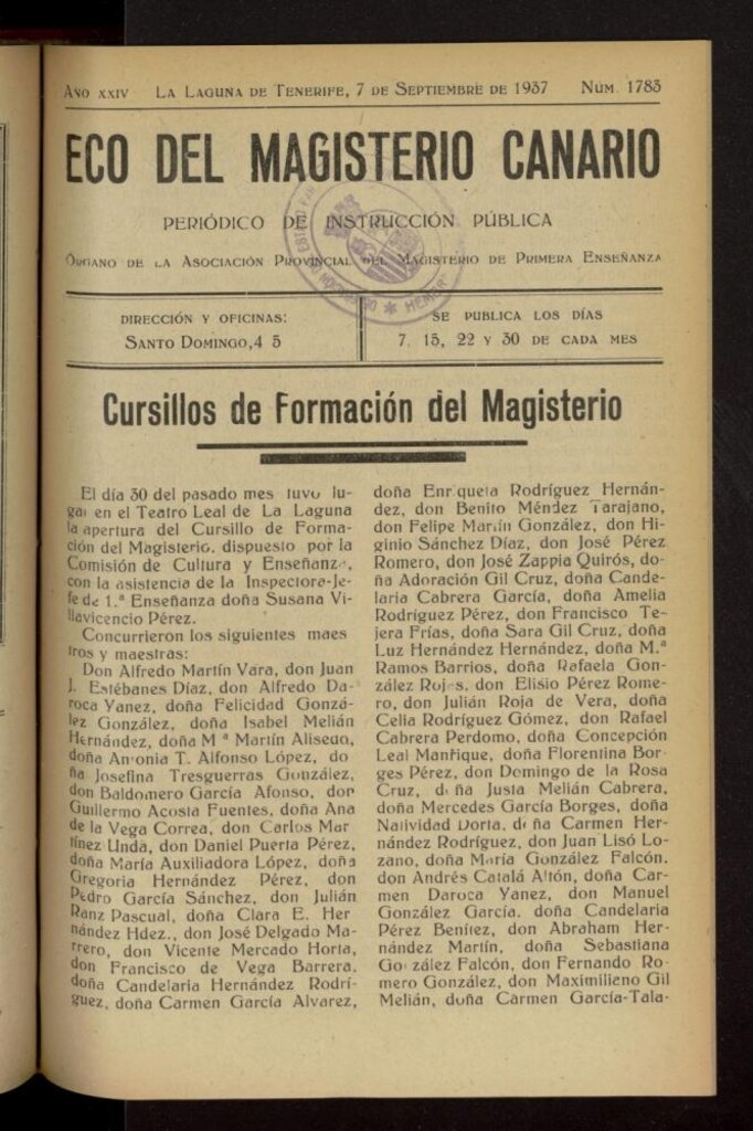 Miniatura de Eco del Magisterio Canario: periódico de instrucción pública del 7 de septiembre de 1937, nº 1783