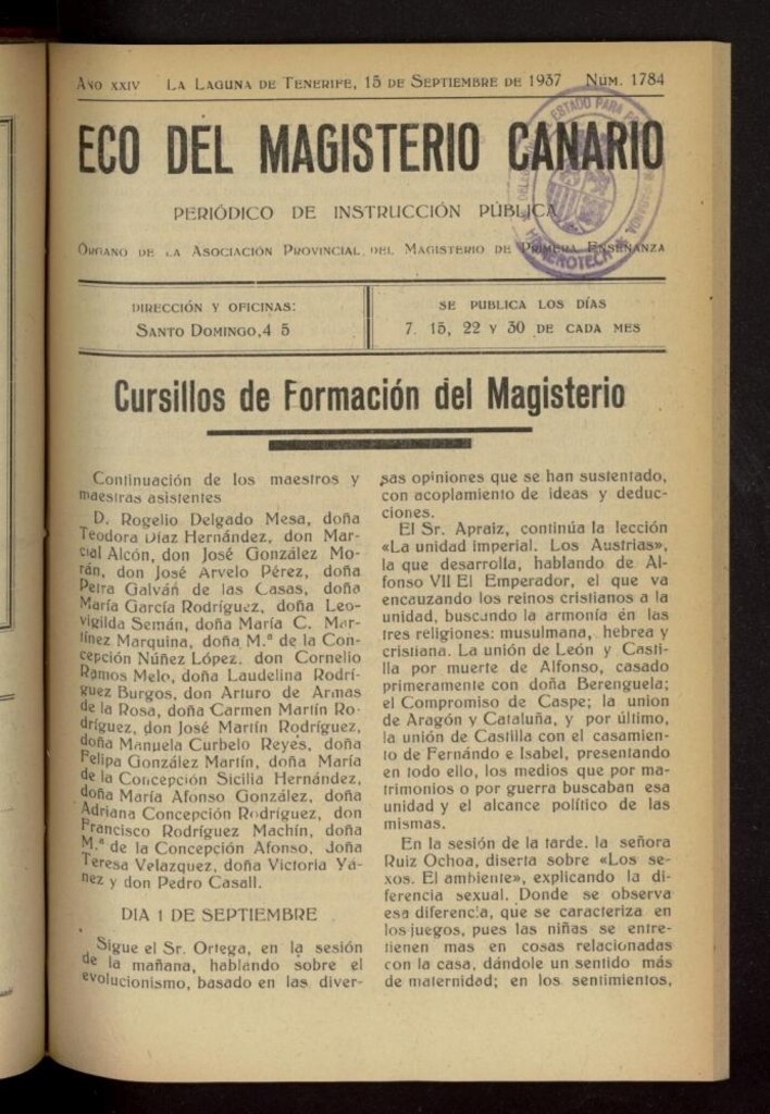 Miniatura de Eco del Magisterio Canario: periódico de instrucción pública del 15 de septiembre de 1937, nº 1784