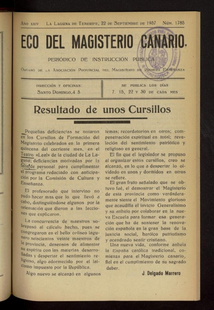 Miniatura de Eco del Magisterio Canario: periódico de instrucción pública del 22 de septiembre de 1937, nº 1785