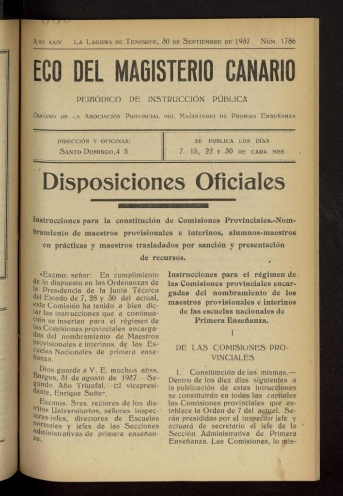 Miniatura de Eco del Magisterio Canario: periódico de instrucción pública del 30 de septiembre de 1937, nº 1786