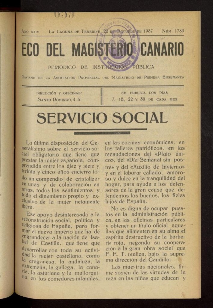 Miniatura de Eco del Magisterio Canario: periódico de instrucción pública del 22 de octubre de 1937, nº 1789