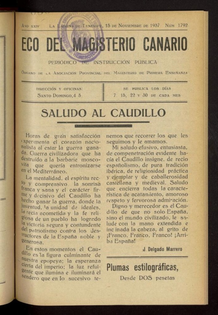 Miniatura de Eco del Magisterio Canario: periódico de instrucción pública del 15 de noviembre de 1937, nº 1792