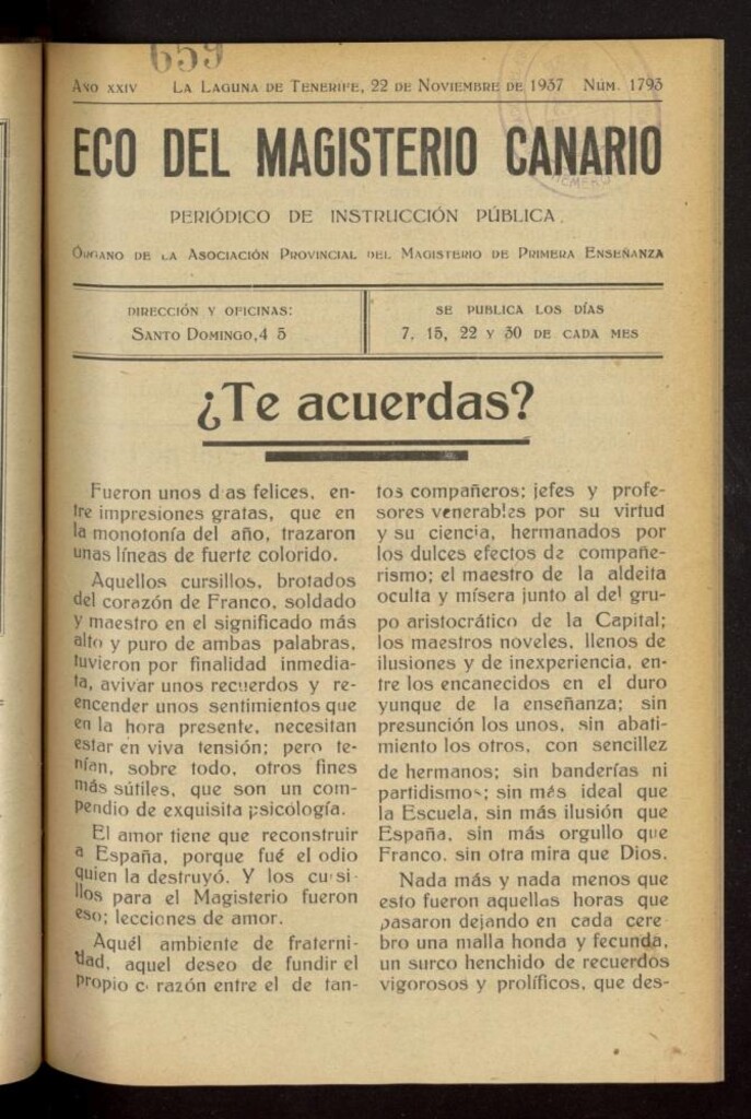 Miniatura de Eco del Magisterio Canario: periódico de instrucción pública del 22 de noviembre de 1937, nº 1793