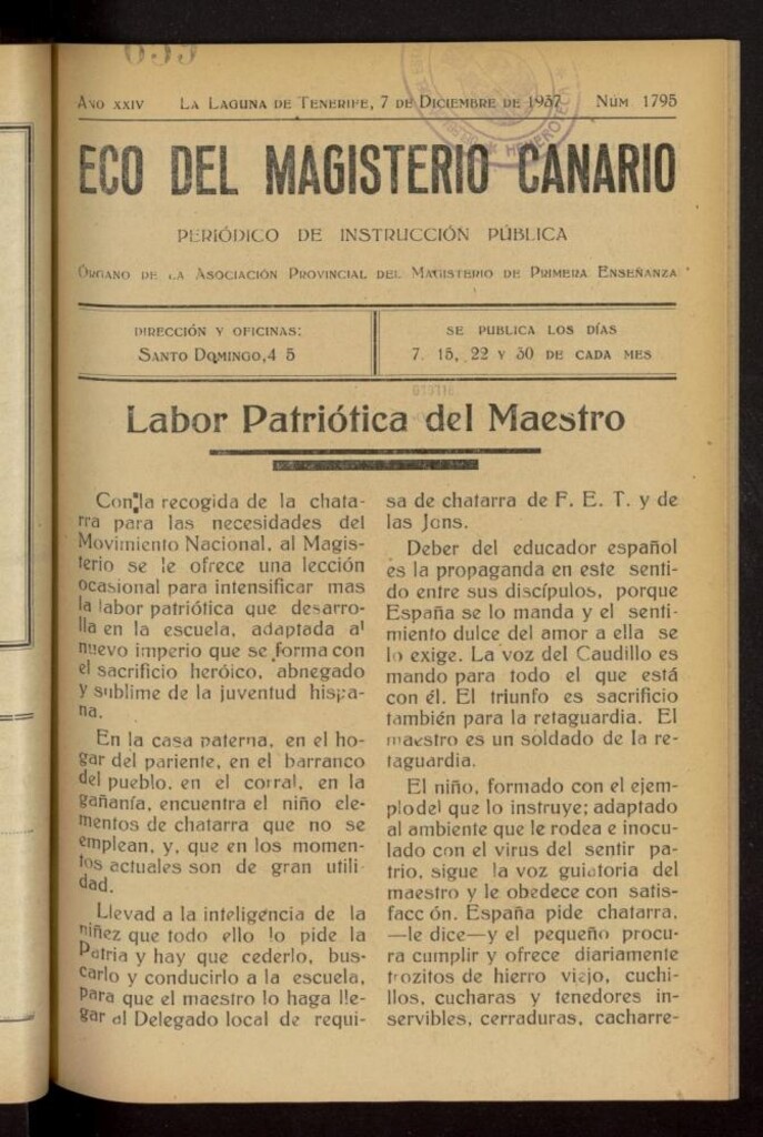 Miniatura de Eco del Magisterio Canario: periódico de instrucción pública del 7 de diciembre de 1937, nº 1795