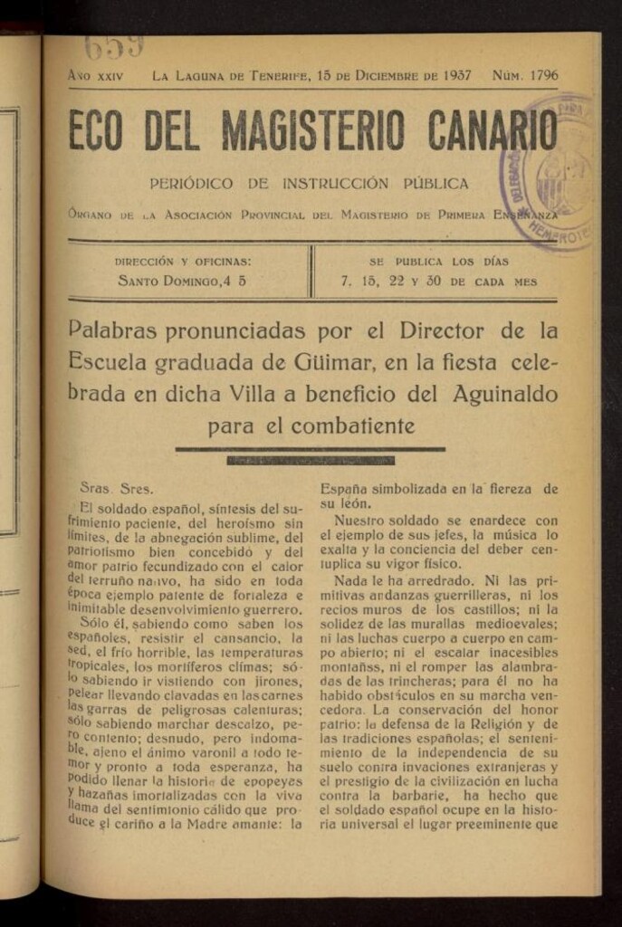 Miniatura de Eco del Magisterio Canario: periódico de instrucción pública del 15 de diciembre de 1937, nº 1796