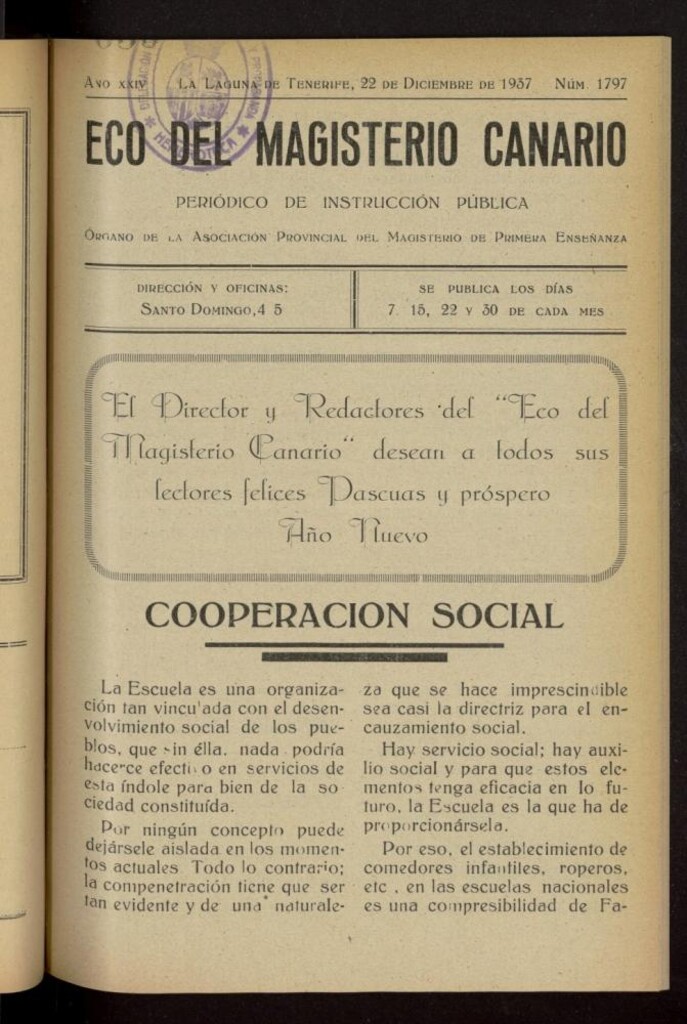 Miniatura de Eco del Magisterio Canario: periódico de instrucción pública del 22 de diciembre de 1937, nº 1797