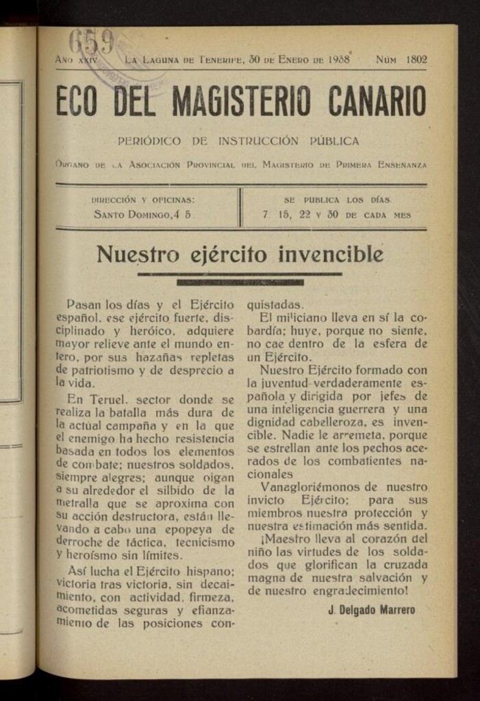 Miniatura de Eco del Magisterio Canario: periódico de instrucción pública del 30 de enero de 1938, nº 1802